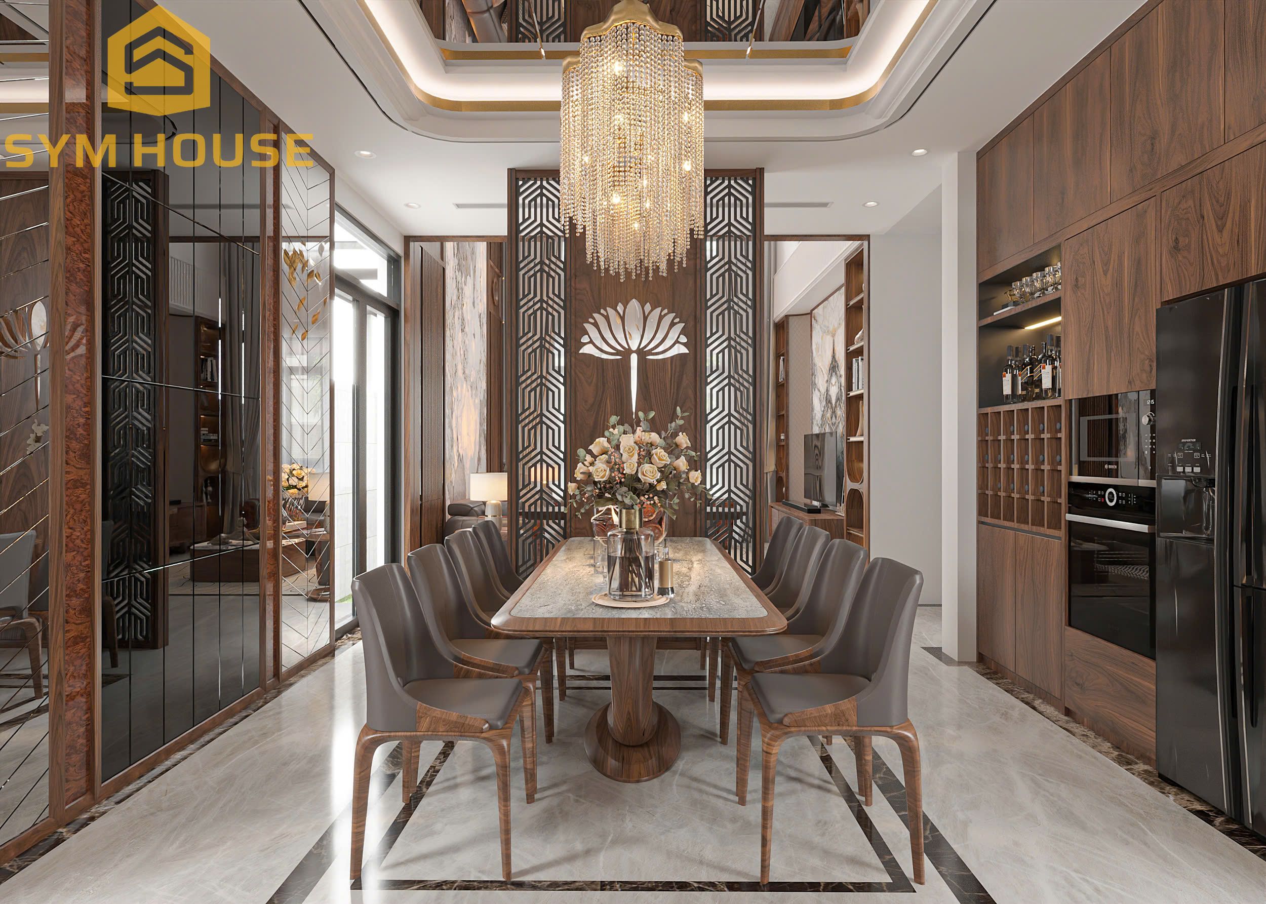 Phòng bếp được trang bị đầy đủ nội thất và các thiết bị hiện đại phục vụ quá trình nấu nướng và ăn uống