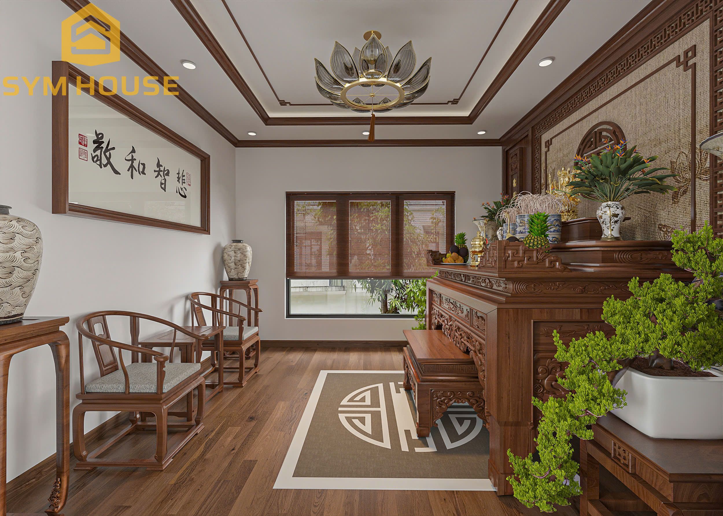 Gian thờ sử dụng gỗ tự nhiên chạm khắc tinh xảo, kết hợp ánh sáng vàng dịu mang lại cảm giác linh thiêng, trang trọng