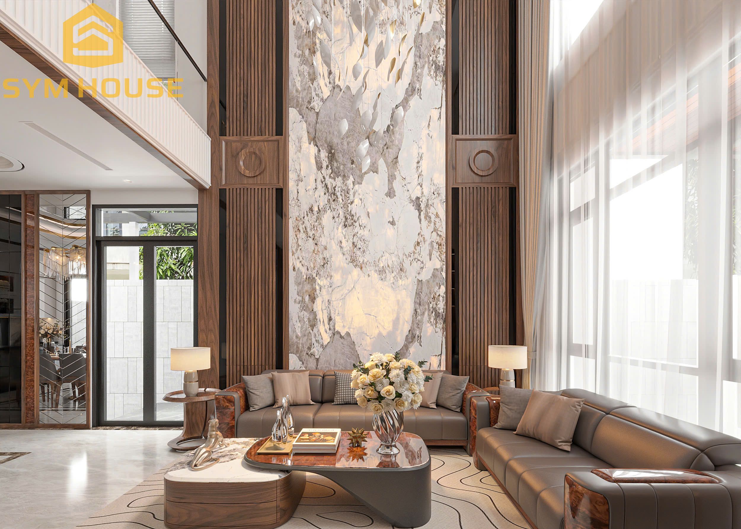 Bức tường ốp đá xuyên sáng khổ lớn, kết hợp ghế sofa da cao cấp