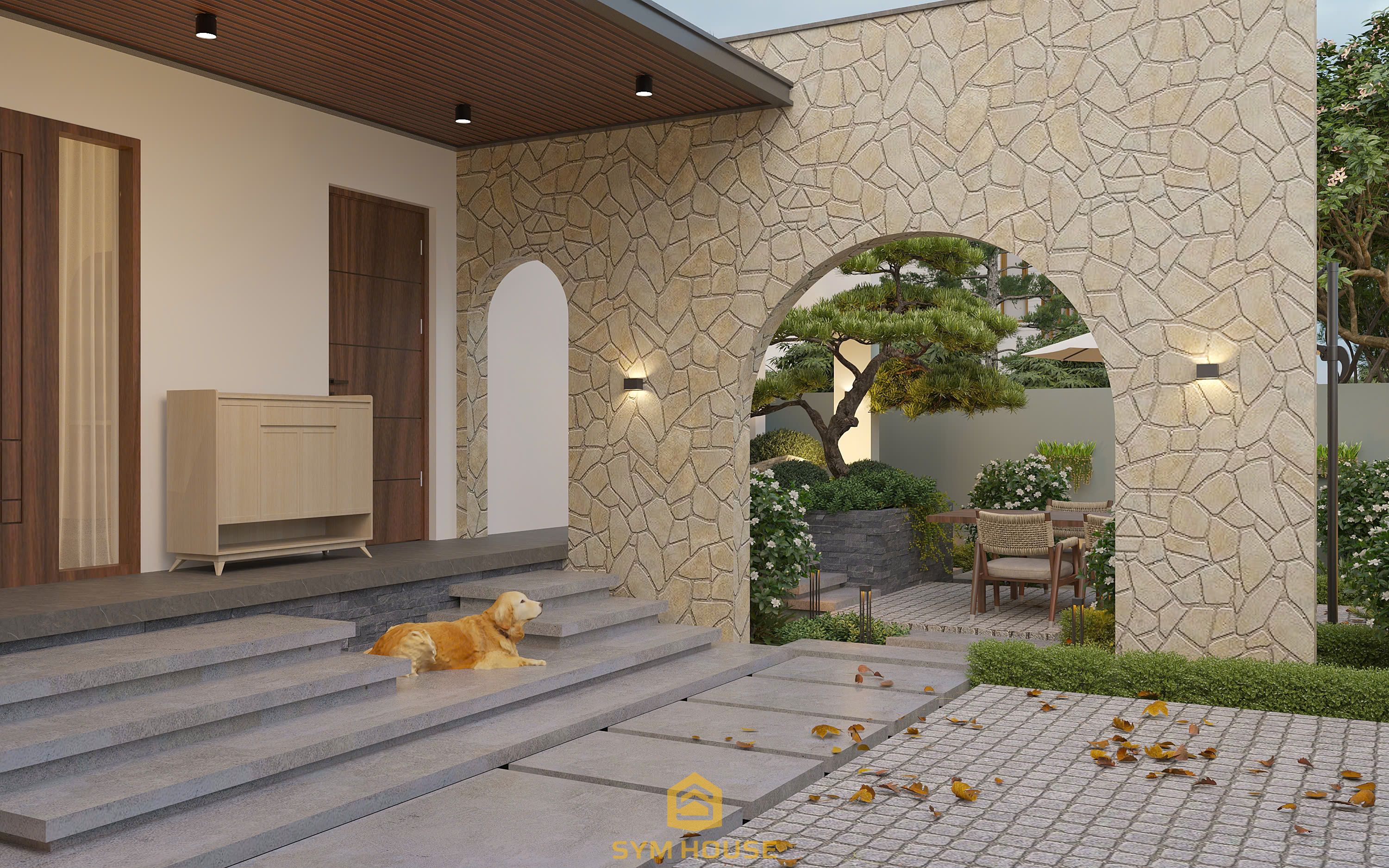 Tường trong sân vườn được ốp đá tự nhiên 