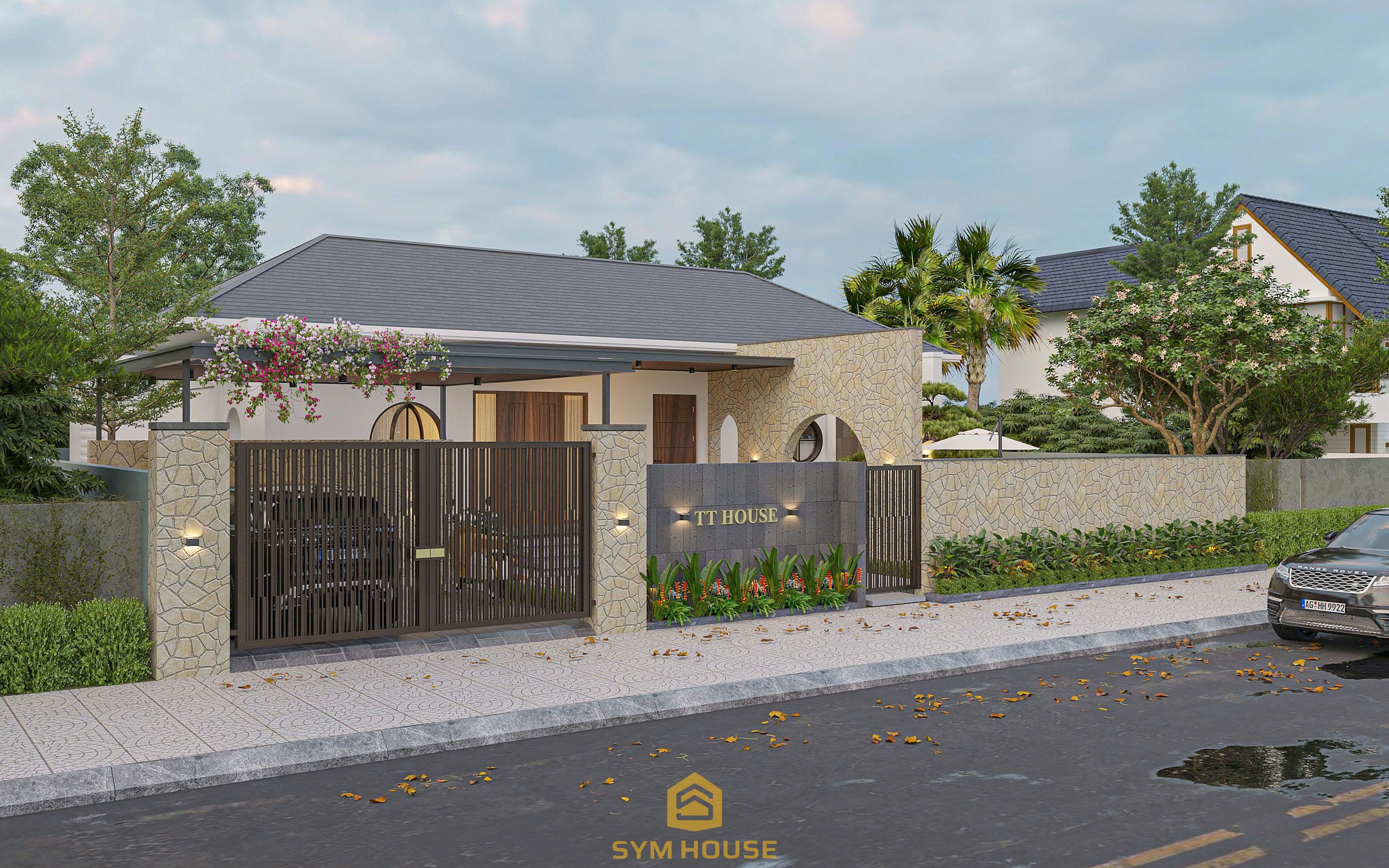 Hệ thống cổng và hàng rào được thiết kế đồng bộ về màu sắc và vật liệu 