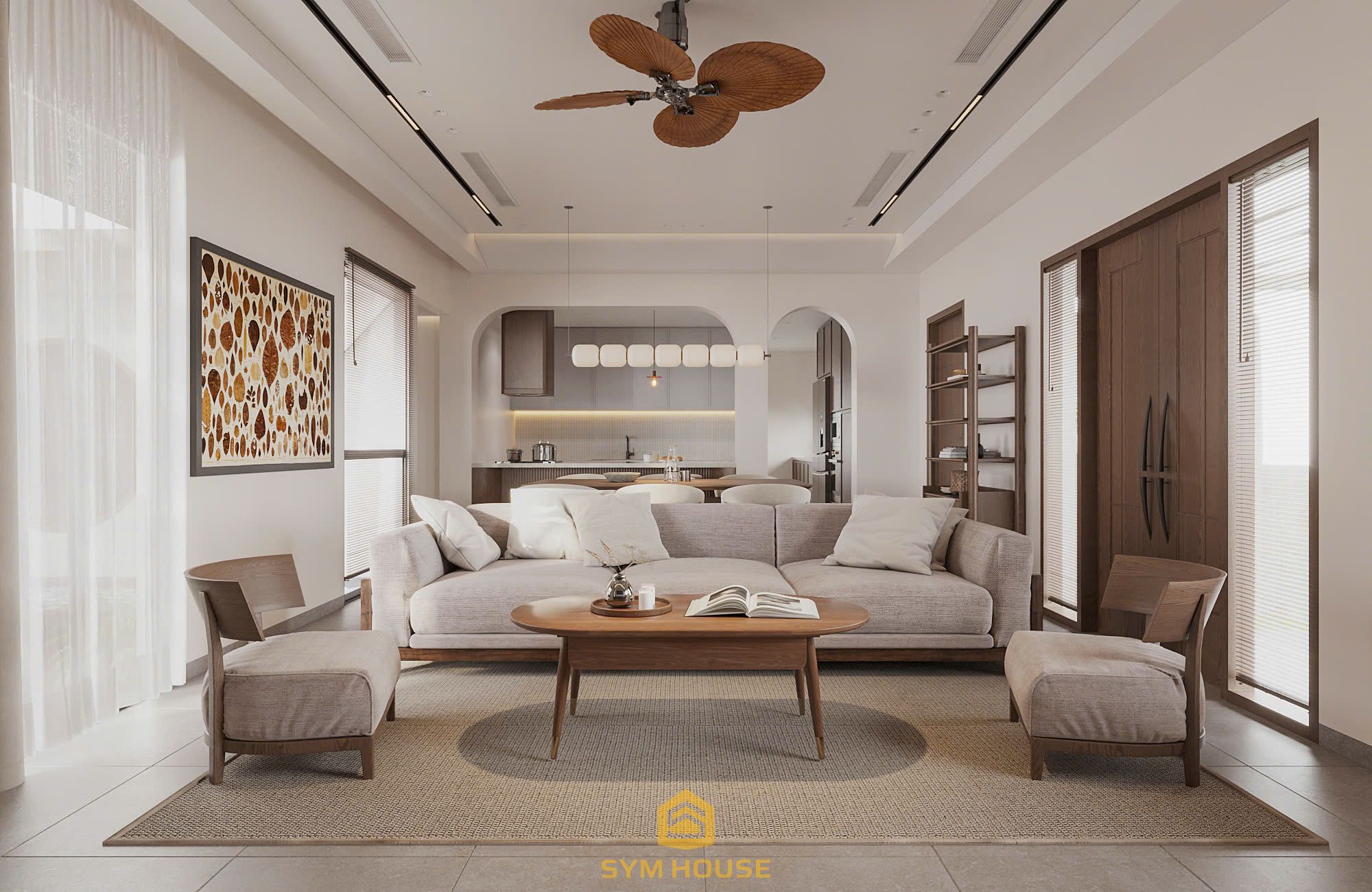 Bộ sofa vải và bàn trà gỗ tinh tế 