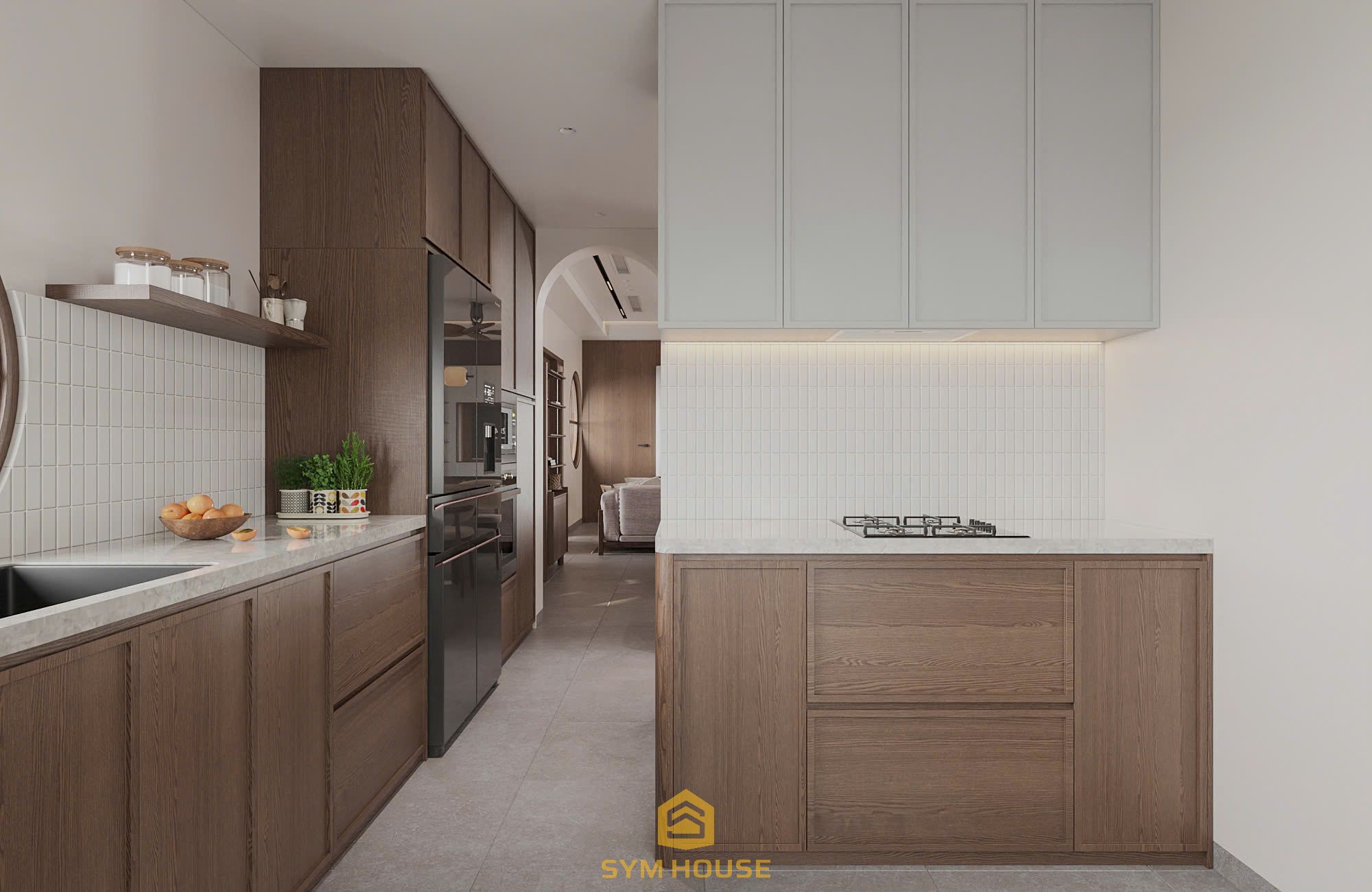 Tủ bếp sử dụng gỗ óc chó kết hợp mặt đá 