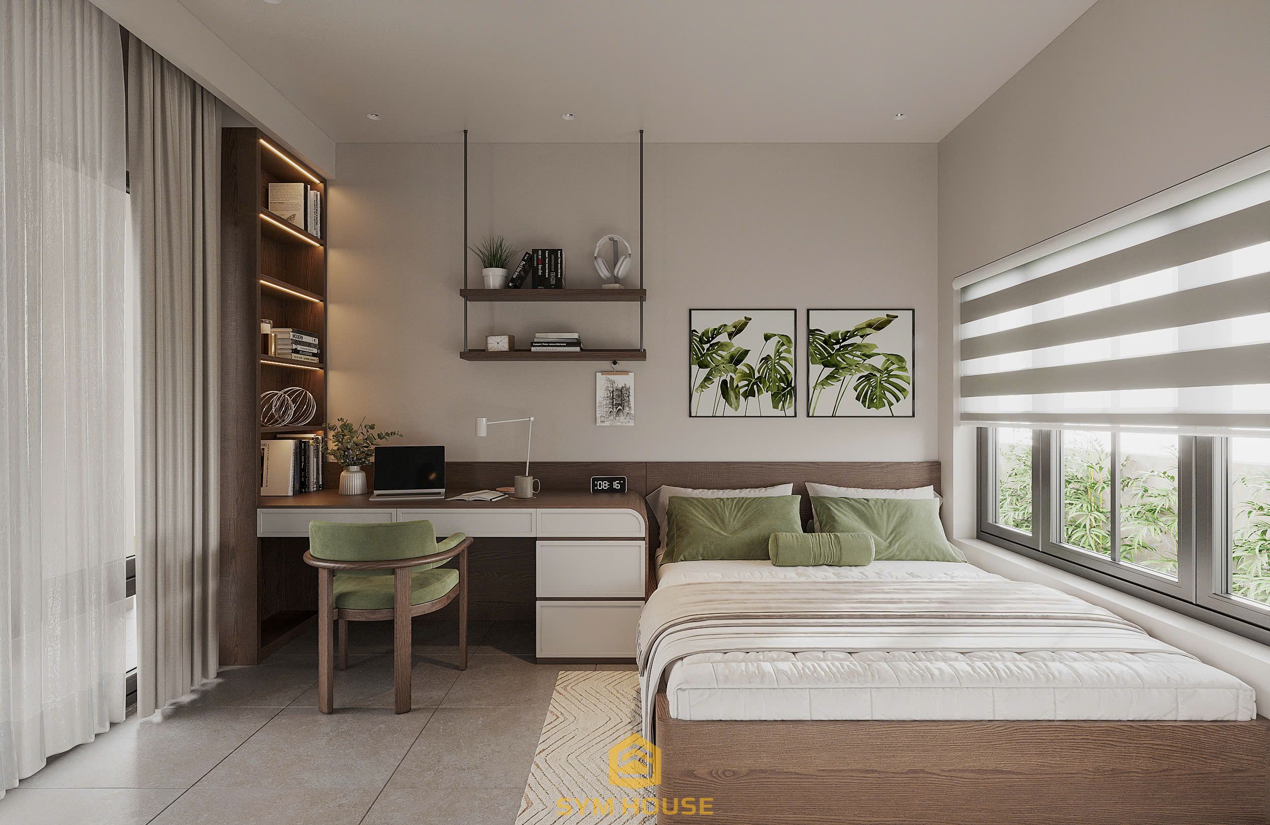 Phòng ngủ có cửa sổ lớn đón ánh sáng tự nhiên 