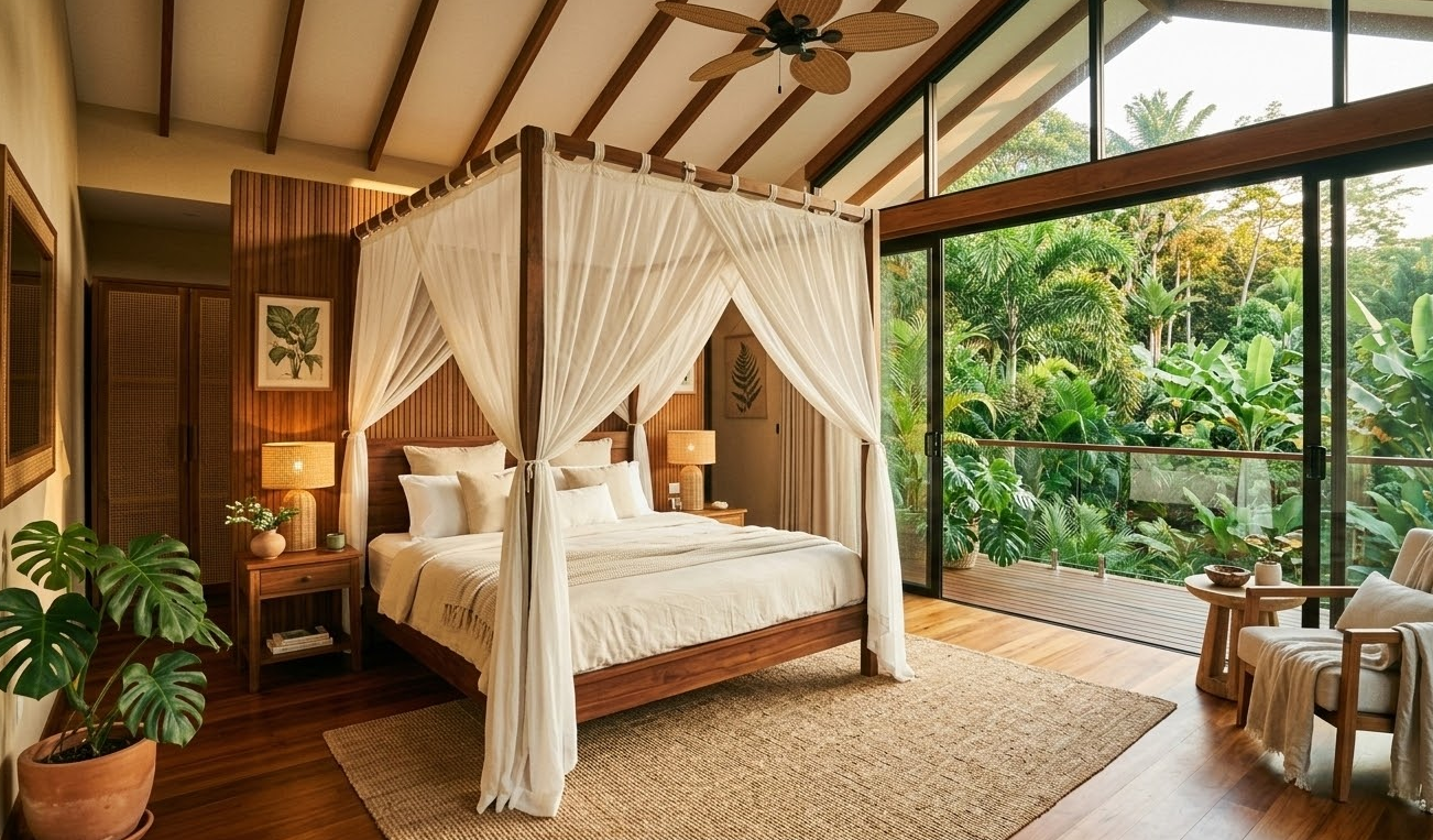 Phòng ngủ master — Giường canopy teak, ánh sáng ấm & view cây xanh