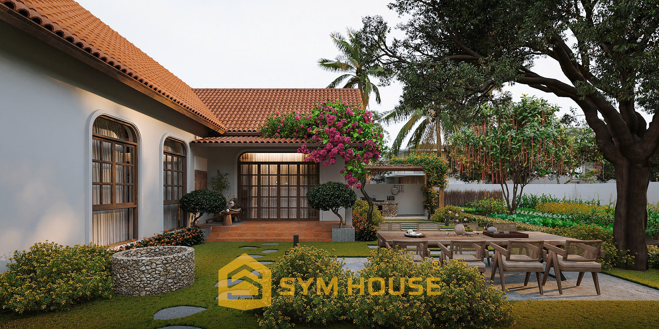 Nhà ở phong cách nghỉ dưỡng với hệ cửa vòm và cảnh quan xanh mát trong dự án nhà ở kết hợp nhà thờ gia tiên.