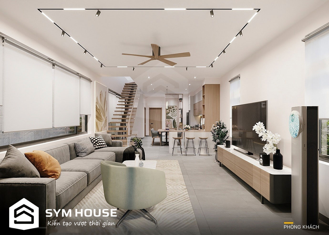Thiết kế phòng khách và phòng bếp thông nhau giúp không gian tầng 1 rộng rãi, thoáng đãng hơn