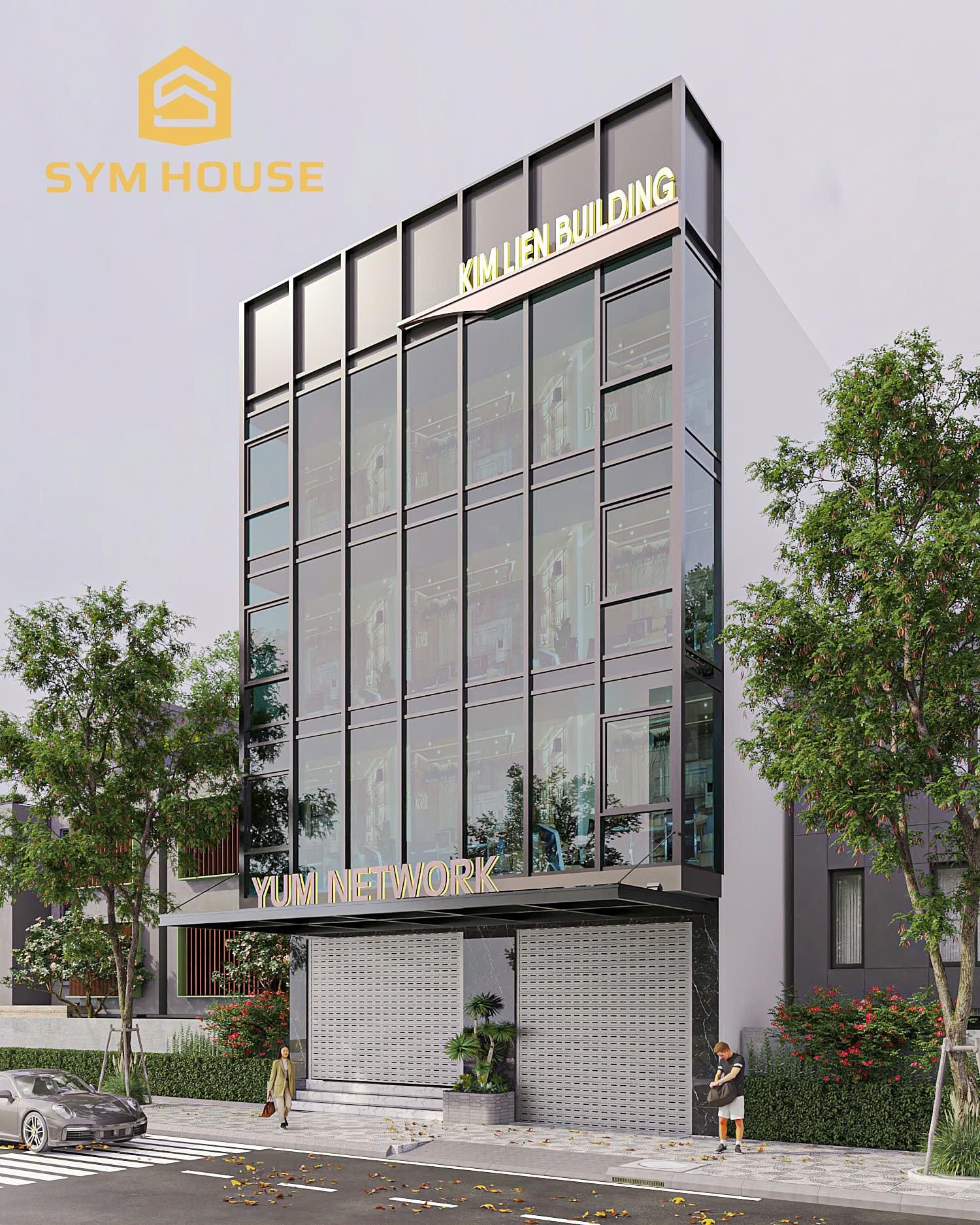 Mặt tiền của ngôi nhà được lấy cảm hứng từ phong cách hiện đại với hệ kính cường lực được phân chia bởi khung kim loại màu đen giúp không gian thông thoáng 