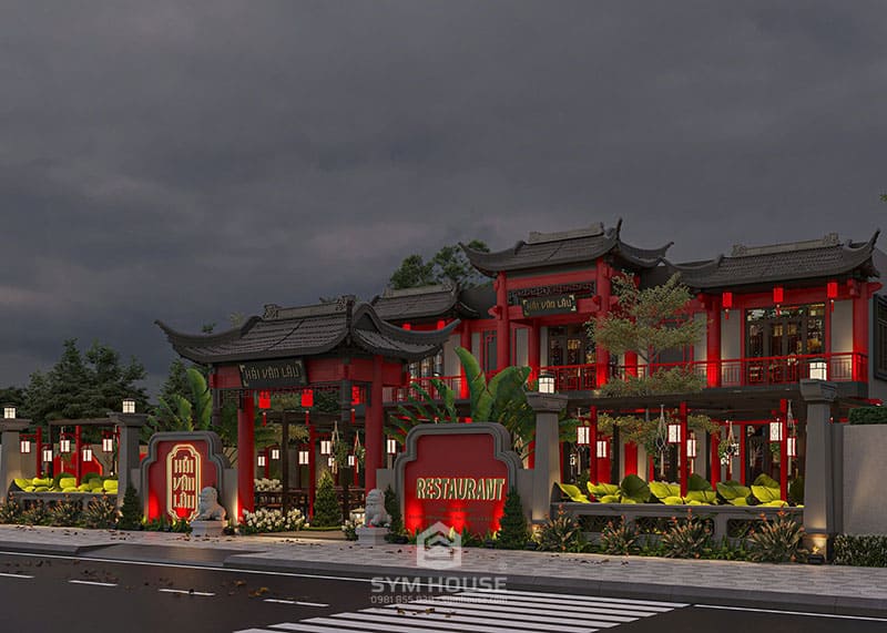 Tường rào bao quanh nhà hàng với các cột trụ vững chãi kết hợp trồng thêm cây xanh ở các rìa tường sẽ là điểm nhấn chấm phá độc đáo