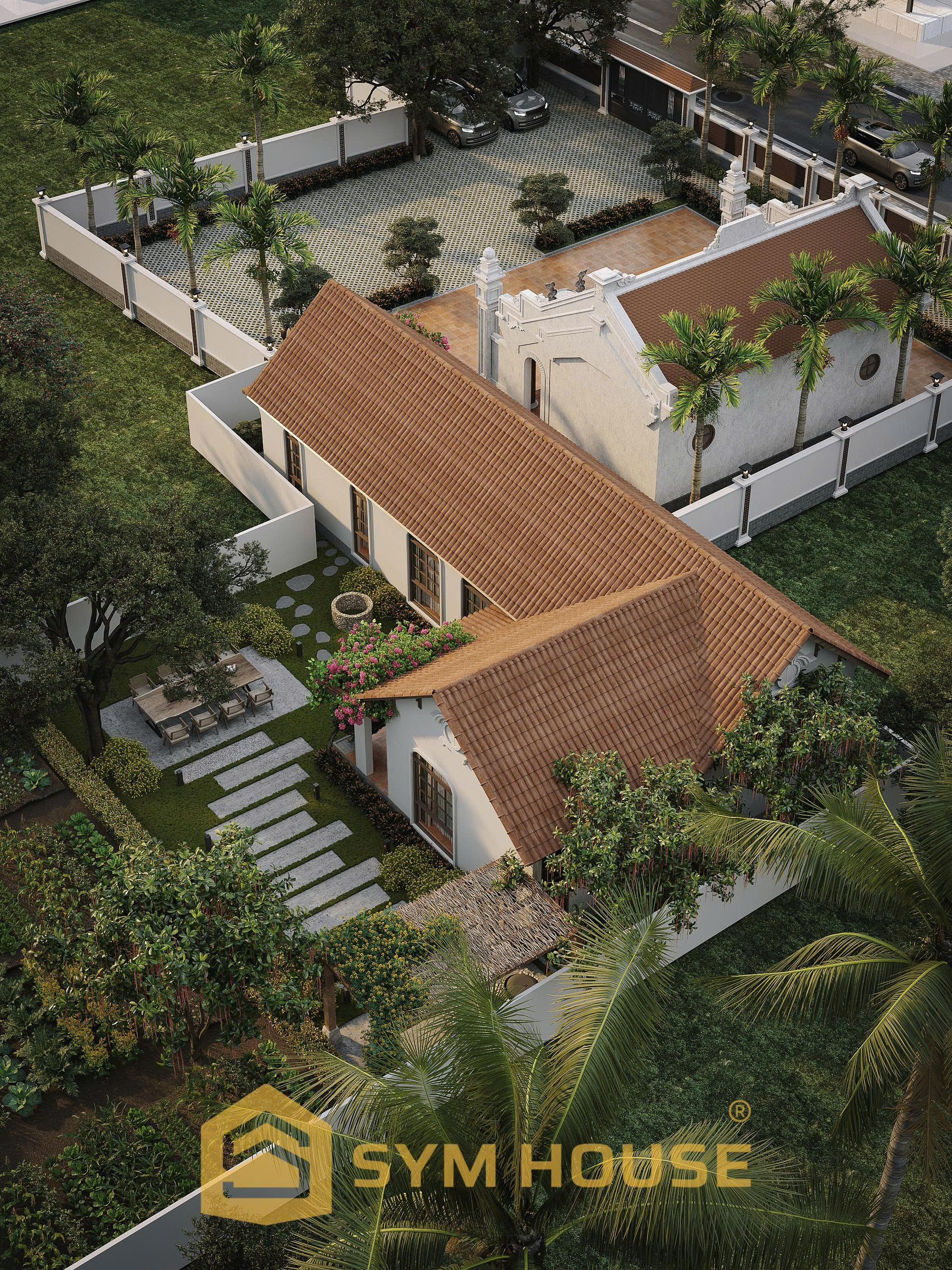 Tổng thể mẫu nhà 2 khối trên đất rộng tại Thanh Hoá do SYM HOUSE thiết kế, hài hòa giữa nhà ở và không gian thờ cúng.