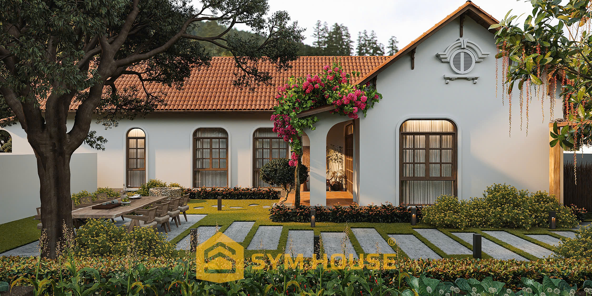 Hiên nhà mở rộng kết nối trực tiếp với sân vườn trong thiết kế nhà sân vườn truyền thống tại Thanh Hoá.